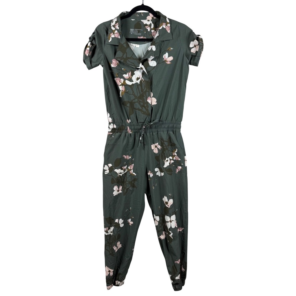 Albion Fit Jetsetter Jumpsuit Womens XS P Green Floral Jogger Romper Casual
